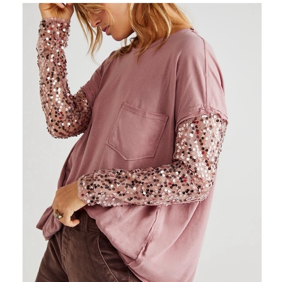 Free People Celine Tee Shirt. Top. Rose Gold. Long Sleeve. XL. NWT. Sequins. - Picture 3 of 9